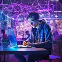 Young man wearing glasses using a laptop sitting at the table, cyberpunk illustration, collage with glowing purple background. Generative AI