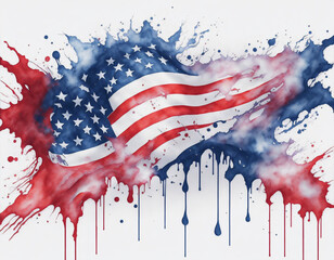 Watercolor Flag of America with Paint Splash on White Background. 4th of July Independence Day of the USA Illustration for Banner, Poster, Invitation, Greeting Card or Cover. Ai Generated.
