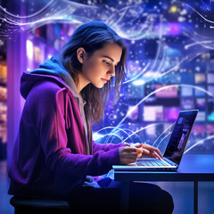 Young woman using a laptop sitting at the table, cyberpunk illustration, collage with glowing purple background. Generative AI