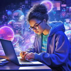 African-american girl wearing glasses working on laptop, futuristic illustration, collage with glowing purple background. Generative AI