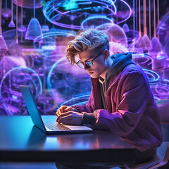 Young man working in netwotk on laptop sitting at the table, futuristic cyberpunk illustration, collage with glowing purple background. Generative AI