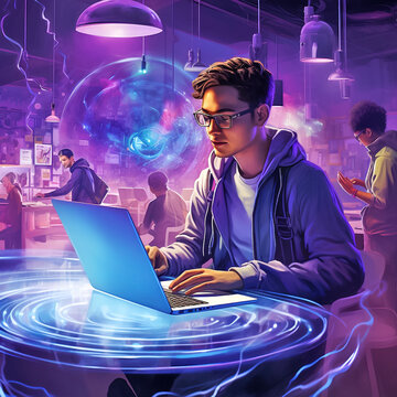 Young man wearing glasses working on laptop, cyberpunk futuristic illustration, collage with glowing purple background. Generative AI