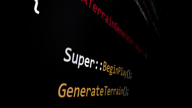 Closeup macro shot movement of coding script moving across LED screen with real-time AI-generated typing, showcasing advanced AI learning in optimization, debug and coding for software development.