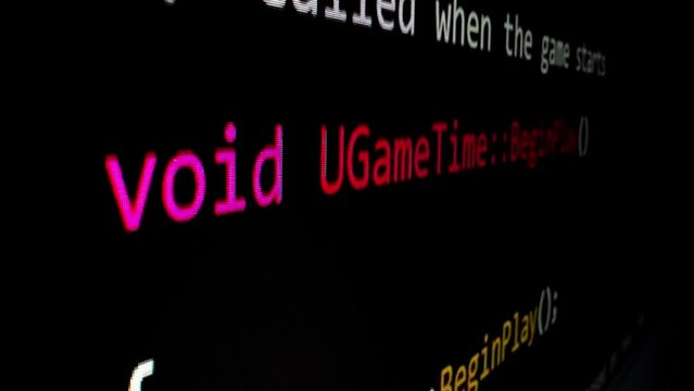 Closeup macro shot movement of coding script moving across LED screen with real-time AI-generated typing, showcasing advanced AI learning in optimization, debug and coding for software development.