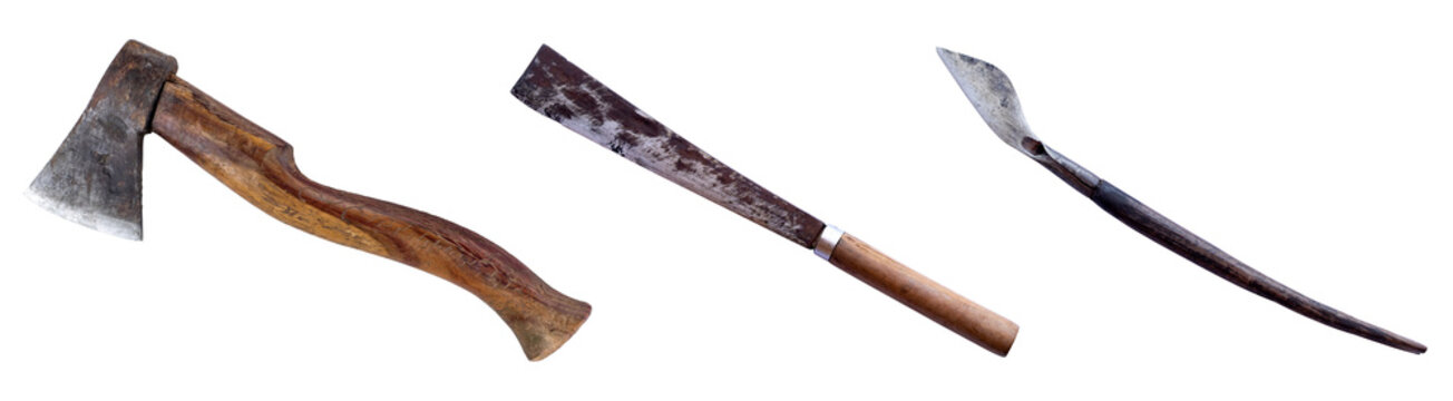 Set of Handmade traditional knife and aex  handle weapons in Local of rusty from old wood and steel isolated on transparent background, PNG File