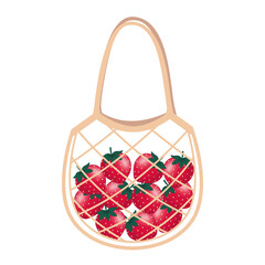 strawberry in mesh bag or string bag illustration