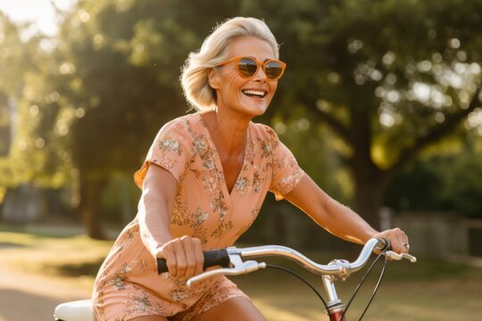 happy senior woman in sunglasses riding bicycle in park on sunny summer day