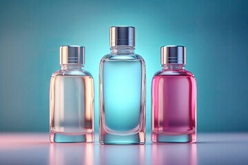 Blank perfume glasses bottles design resource. Transparent bottles of perfume on a blue background. Trending concept in natural materials. Fragrance presentation