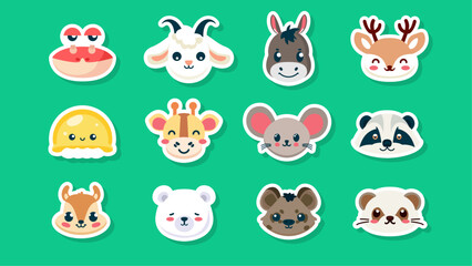 Fototapeta premium Set of stickers of cute wild animals faces, weasel, hyena, bear, squirrel, raccoon, giraffe, jellyfish, gazelle, donkey, goat, crab, flat vector illustration 