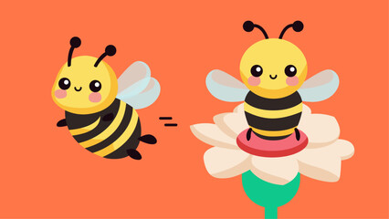 Cute bee with tiny body sitting on flower, kawaii character design set, lovely bee flying, different shapes, flat character vector illustration