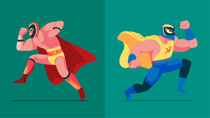 Mexican Wrestler Set with Mask Battle Acrobat Fighter Lucha Libre, different shapes, flat vector illustration cartoon 
