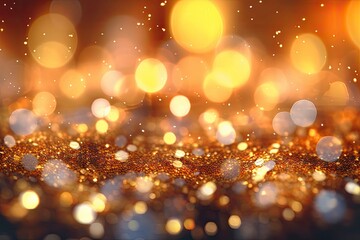Night, dark, party background. Blurred bokeh dark background, Christmas and New Year holiday. Golden twinkle. Golden glitter sparkles as glamour bokeh background.
