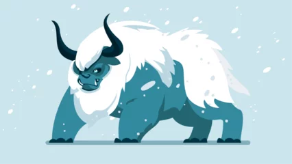 Fotobehang Strong yeti animal with huge body, monster character design set, angry ice beast with furry body walks in blizzard, flat character vector illustration © Flat