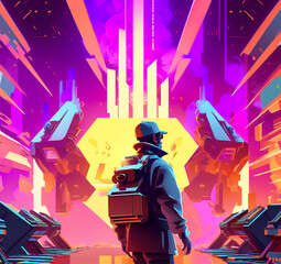 A man in front of a huge futuristic structure. Retro futuristic Generative AI illustration on the theme of exploration and discovery. Beautiful and colorful fantasy postcard.
