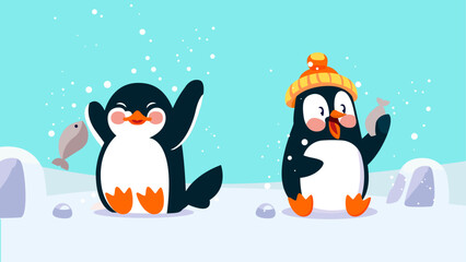 Cute penguin animal with tiny body, kawaii character design set, lovely ice penguin holding fish on the snow, different shapes, flat character vector illustration
