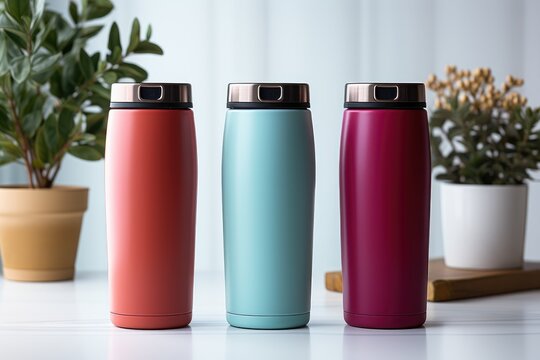 Mockup of three stainless steel tumbler bottles with different doff colour variations. minimalist background.