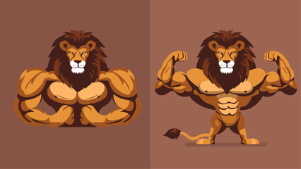 Strong lion animal showing his muscles, mascot logo, different shapes, character designs set, angry huge lion with athletic body, flat character vector illustration