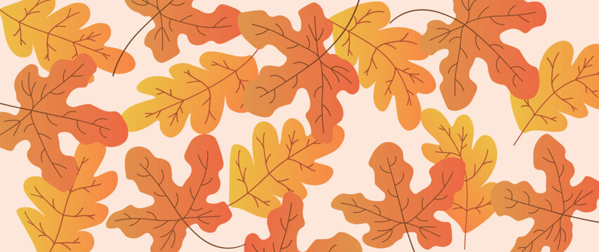 Autumn leaves on beige vector background. Abstract wallpaper design with leaves, line art, oak and maple. Autumn season botanical illustration suitable for fabric, prints, cover, wall art.