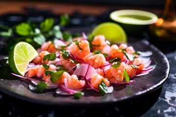 Shrimp Ceviche, highlighting the freshness of the shrimps and crisp greens, garnished with lime wedges on a ceramic plate
