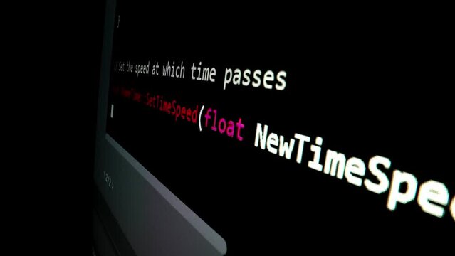 Closeup macro shot movement of coding script moving across LED screen with real-time AI-generated typing, showcasing advanced AI learning in optimization, debug and coding for software development.