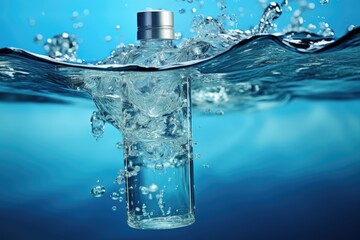 The mockup bottle of facial cleanser falls into clear water. Clean water splashes in the background.