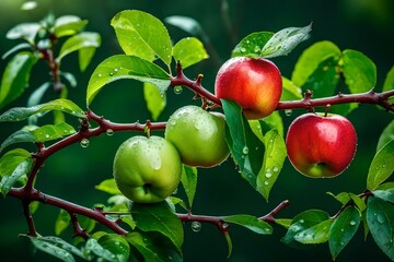 red and green apples on a branch in morning after rain generated by AI tool