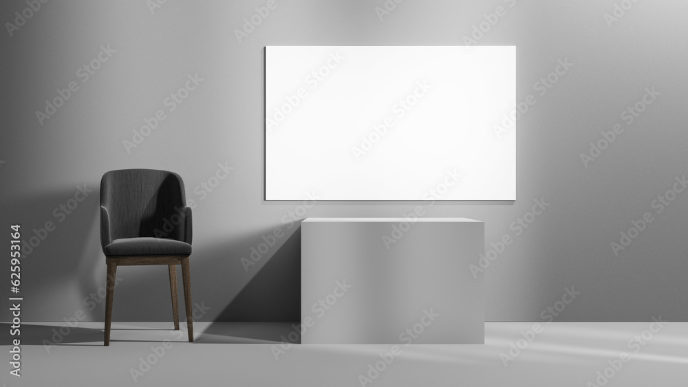 Poster gray studio wall with empty block podium and concrete empty gray floor, chair with white empty blank