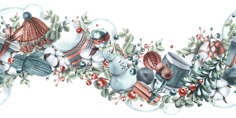 Winter, New Year, Christmas seamless border with snowman, knitted things, cotton, Christmas balls, toys, gifts. Watercolor illustration hand drawn on a white background