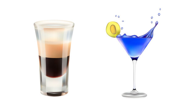 Glasses with drink and cocktail. Vector 3D illustration