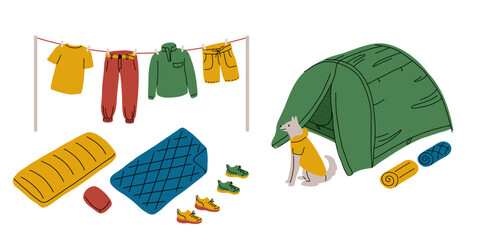 Drying clothes in a campsite guarded by a dog