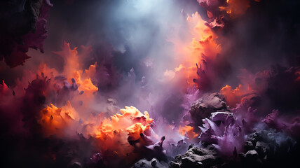 Abstract cosmic background, colourful nebula, orange, golden and purple theme. Created with Generative AI.