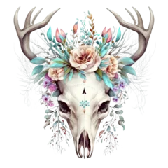 Papier Peint photo Crâne aquarelle head of deer skull with flower watercolor drawing, Generative AI