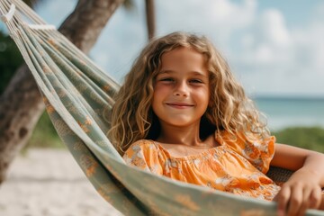 portrait of cute little girl resting in hammock on tropical beach
