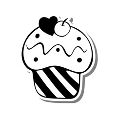 Monochrome Cupcake with Heart and Cherry on white silhouette and Gray shadow. Vector illustration for decoration or any design.