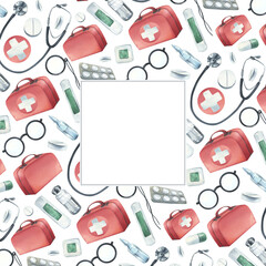 A kit of medical equipment with a red first aid bag. Watercolor illustration drawn by hand. Square template, a frame on a white background