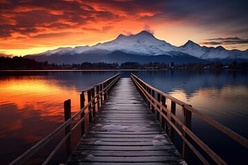 relaxing view of dock going out onto lake at sunset