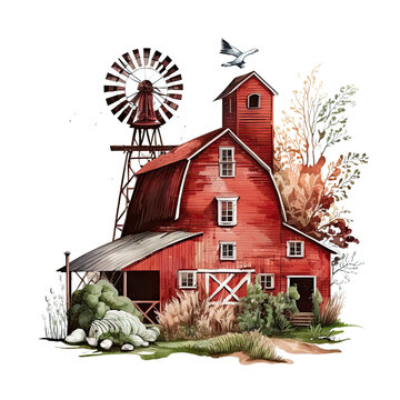 red old farm barn with wildmill watercolor drawing, Generative AI