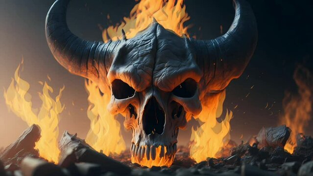 Bull skull on fire, Seamless Animation Video Background in 4K Resolution	
