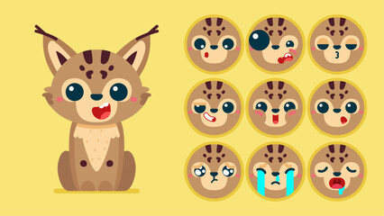 Cute lynx, set of animal emotions, tiny lynx with emoji collocation, sleeping, crying, sad, Bored, happy, excited, lovable, surprised, careless, confident, terrifled, stunned, Flat Vector avatar
