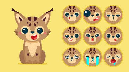 Cute lynx, set of animal emotions, tiny lynx with emoji collocation, sleeping, crying, sad, Bored, happy, excited, lovable, surprised, careless, confident, terrifled, stunned, Flat Vector avatar © Flat