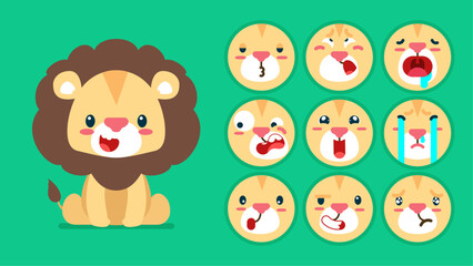 Cute Lion, set of animal emotions, tiny Lion with emoji collocation, sleeping, crying, sad, Bored, happy, excited, lovable, surprised, careless, confident, terrifled, stunned, Flat Vector avatar