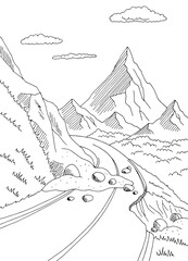 Landslide graphic black white mountains landscape vertical sketch illustration vector 
