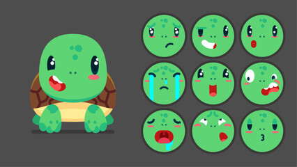 Cute turtle, set of animal emotions, tiny turtle with emoji collocation, sleeping, crying, sad, Bored, happy, excited, lovable, surprised, careless, confident, terrifled, stunned, Flat Vector avatar