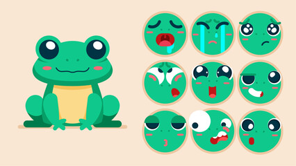 Obraz premium Cute frog, set of animal emotions, tiny frog with emoji collocation, sleeping, crying, sad, Bored, happy, excited, lovable, surprised, careless, confident, terrifled, stunned, Flat Vector avatar
