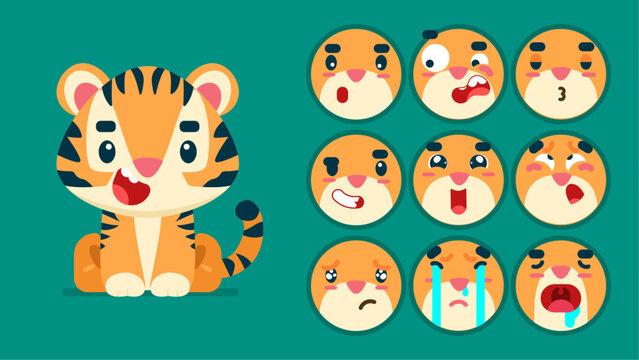 Cute tiger, set of animal emotions, tiny tiger with emoji collocation, sleeping, crying, sad, Bored, happy, excited, lovable, surprised, careless, confident, terrifled, stunned, Flat Vector avatar