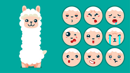 Cute Llama, set of animal emotions, tiny Llama with emoji collocation, sleeping, crying, sad, Bored, happy, excited, lovable, surprised, careless, confident, terrifled, stunned, Flat Vector avatar