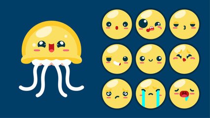 Cute jellyfish, set of animal emotions, tiny jellyfish with emoji collocation, sleeping, crying, sad, Bored, happy, excited, lovable, surprised, careless, confident, terrifled, stunned, Flat Vector 