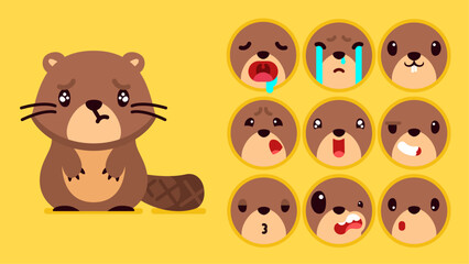 Cute beaver, set of animal emotions, tiny beaver with emoji collocation, sleeping, crying, sad, Bored, happy, excited, lovable, surprised, careless, confident, terrifled, stunned, Flat Vector avatar