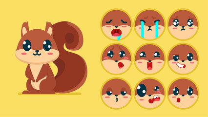 Cute squirrel, set of animal emotions, tiny squirrel with emoji collocation, sleeping, crying, sad, Bored, happy, excited, lovable, surprised, careless, confident, terrifled, stunned, Flat Vector
