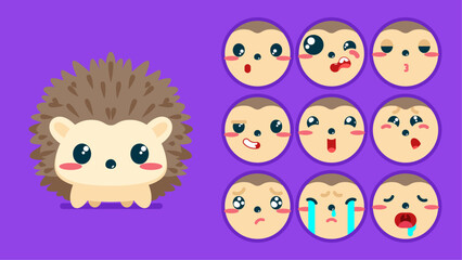 Cute hedgehog, set of animal emotions, tiny hedgehog with emoji collocation, sleeping, crying, sad, Bored, happy, excited, lovable, surprised, careless, confident, terrifled, stunned, Flat Vector